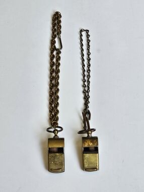 2 Vintage Brass WW2 Military Police Whistles w/ Chains